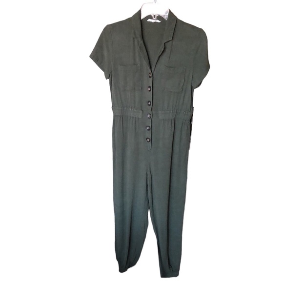 Rebellion olive green pants suit linen SZ M 1 piece Rockabilly Jumper Pockets - Picture 1 of 12
